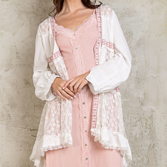 POL Lace Cardigan Women’s Cover Up Open Shirt Lace and Ruffle Contrast Boho #S25 - Picture 2 of 12